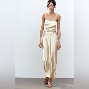 Zara champagne Maxi Dress with Spaghetti Straps and open back